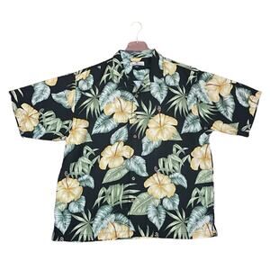 Tommy Bahama Hawaiian Shirt Silk Hibiscus Flowers Fronds XL Black Green Aloha